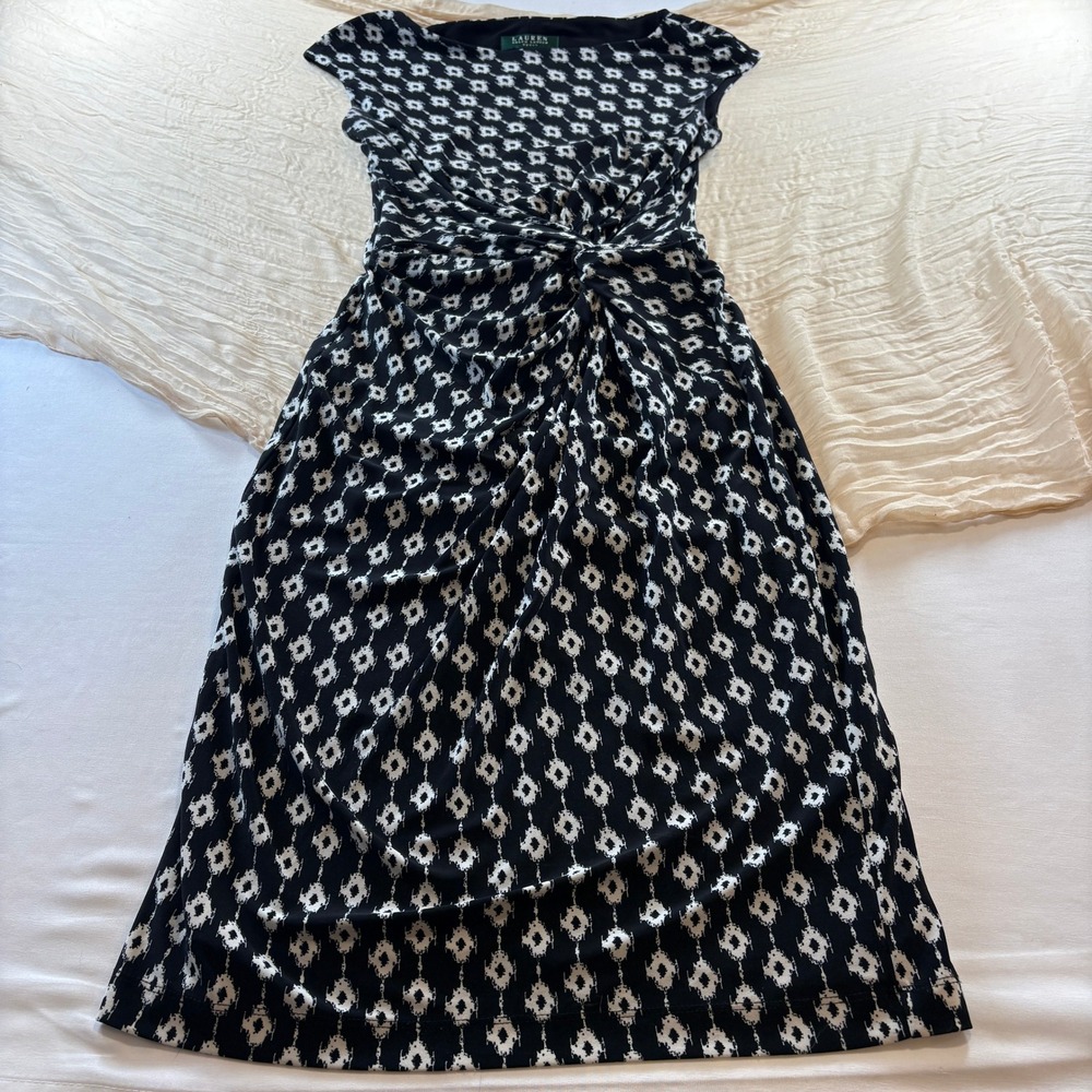 LAUREN Ralph Lauren Women's Black White Geometric Print Wrap Front Dress Size 2